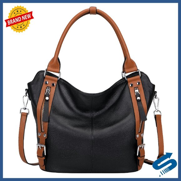 Genuine Leather Hobo Tote Shoulder Bag - Large Capacity Multi-Pocket